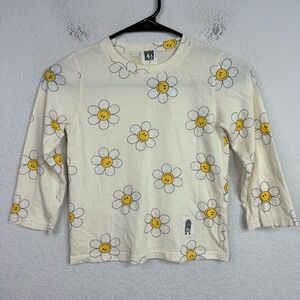 PH‎ PLAY T-Shirt Girls Size 8 Off-White Long Sleeve Daisy Floral Smiley Playful